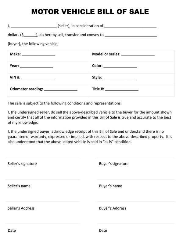 Printable Auto Bill Of Sale Form
