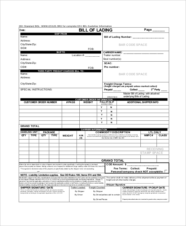 Printable Bill Of Lading Form