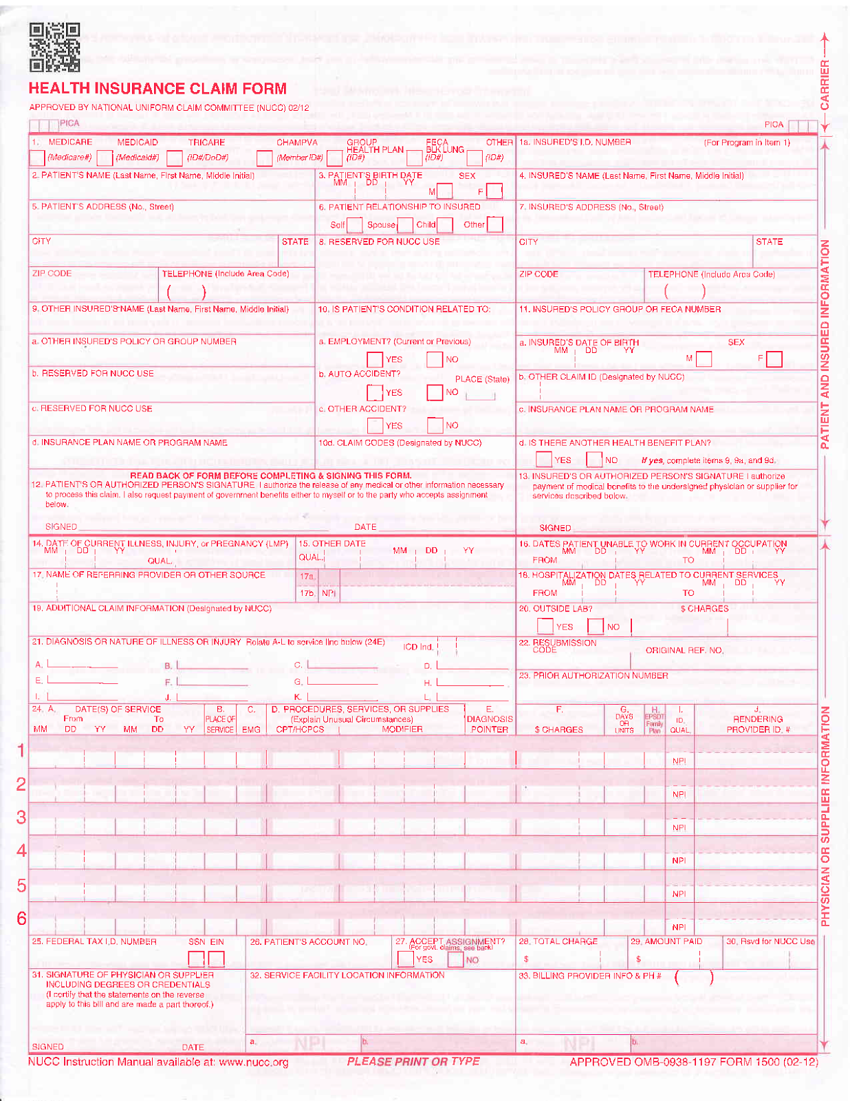 Printable Blank Cms 1500 Form Printable Forms Free Online