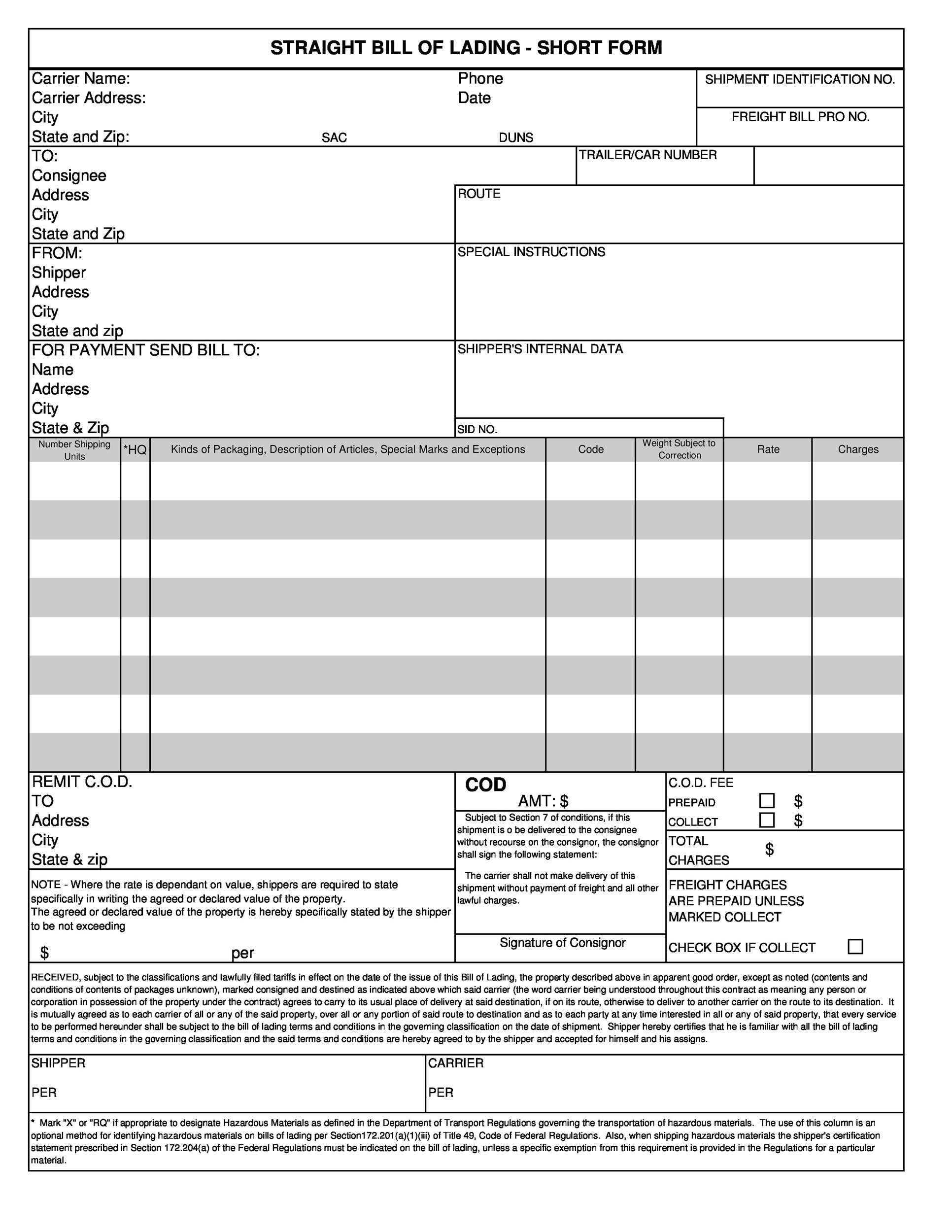 Printable Bol Form Printable Forms Free Online