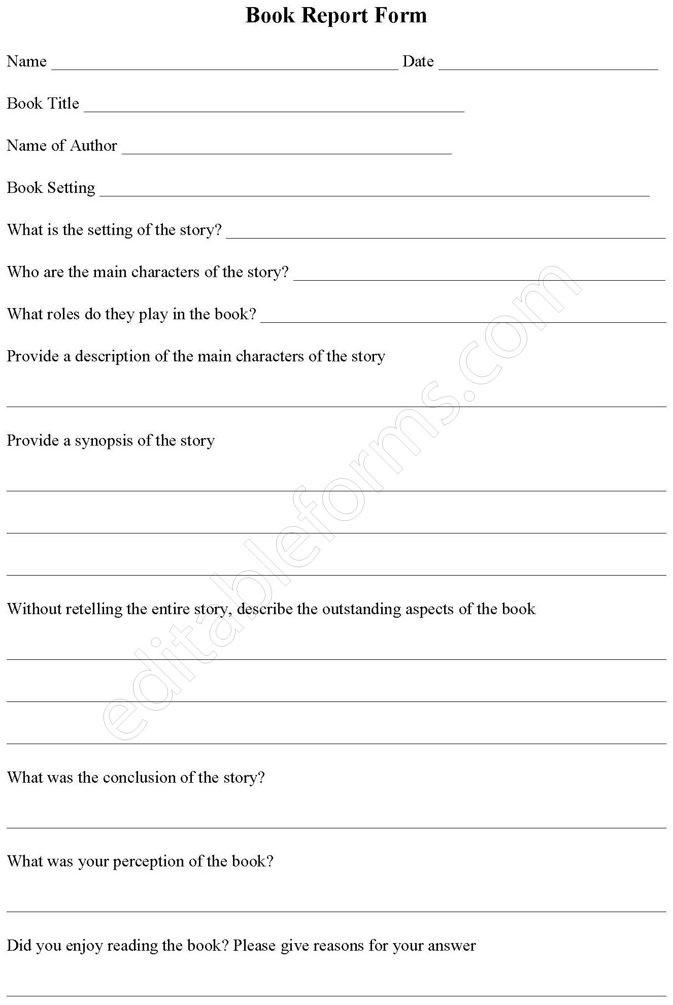 Printable Book Report Form Editable PDF Forms
