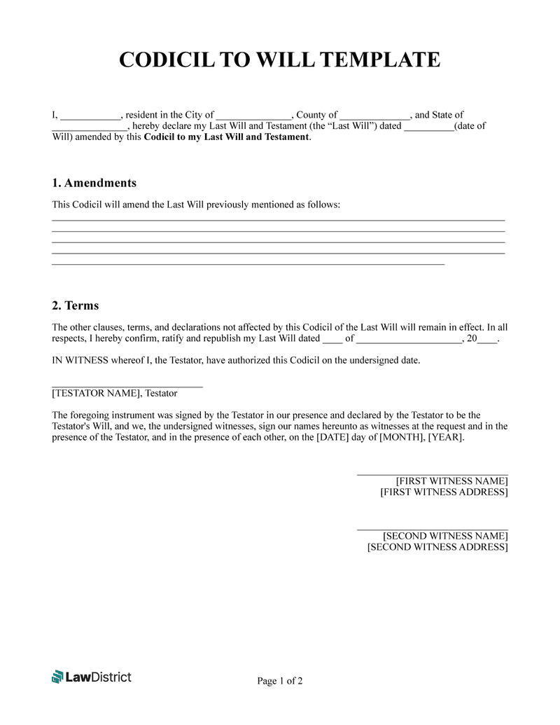 Printable Codicil Form Printable Forms Free Online
