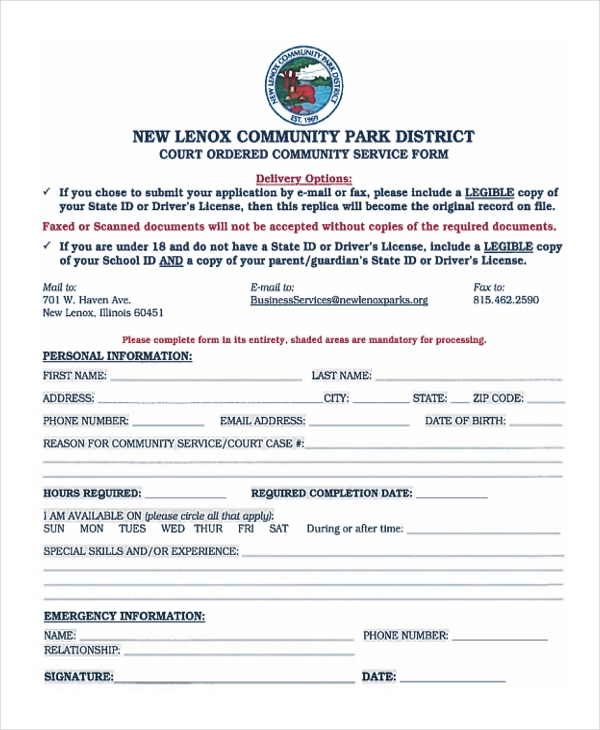 Printable Community Service Forms For Court