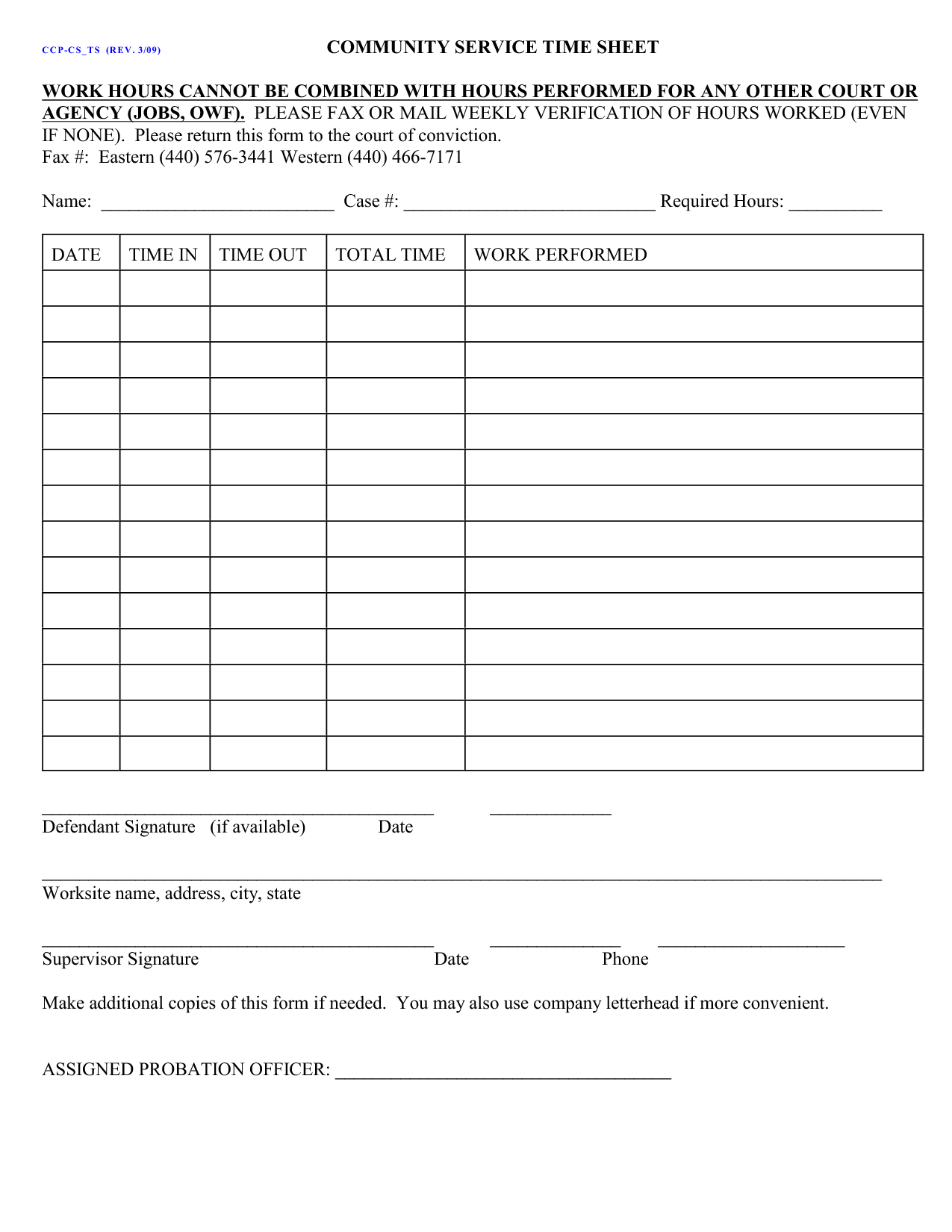 Printable Community Service Forms For Court