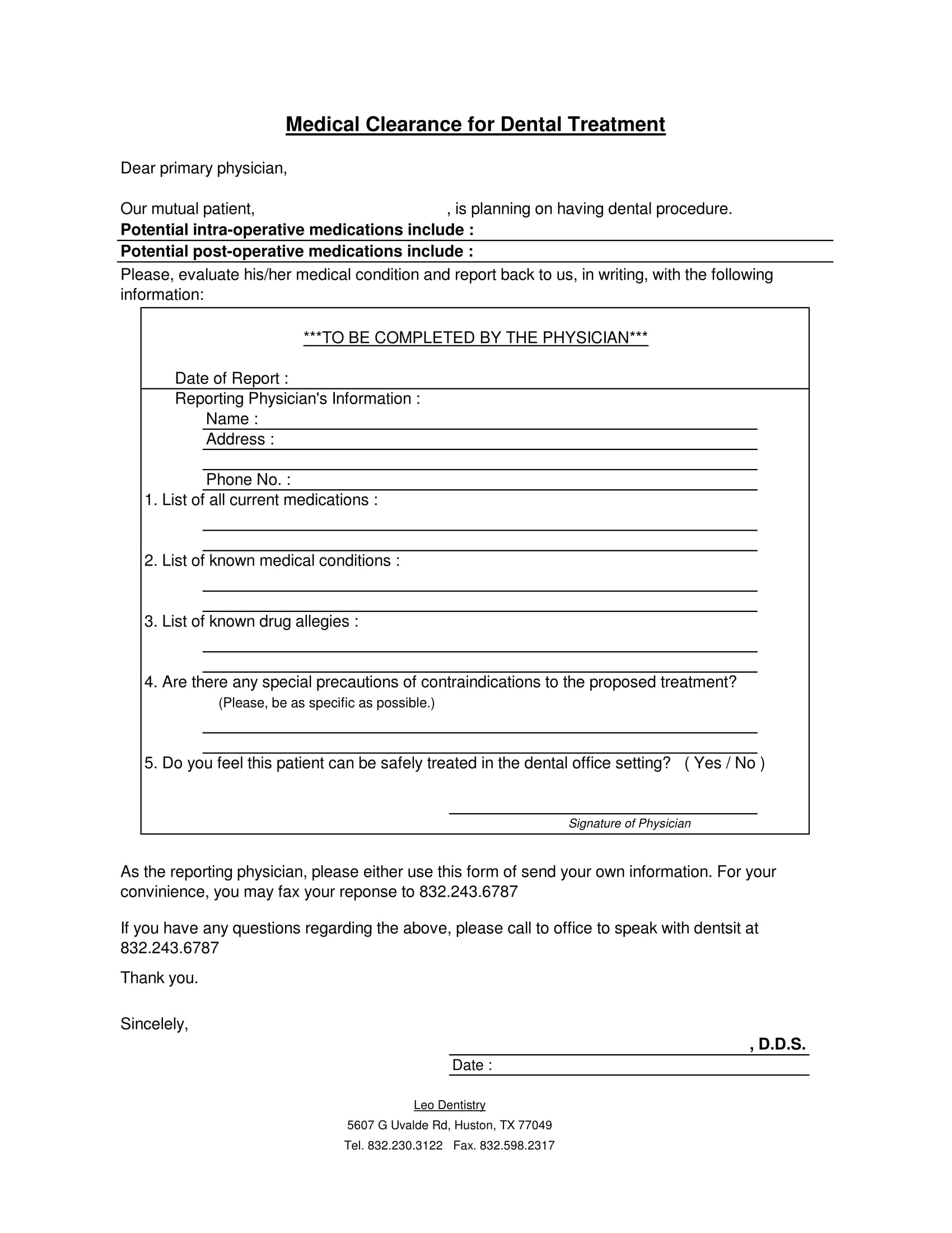 Printable Dental Clearance Form Printable Form 2024