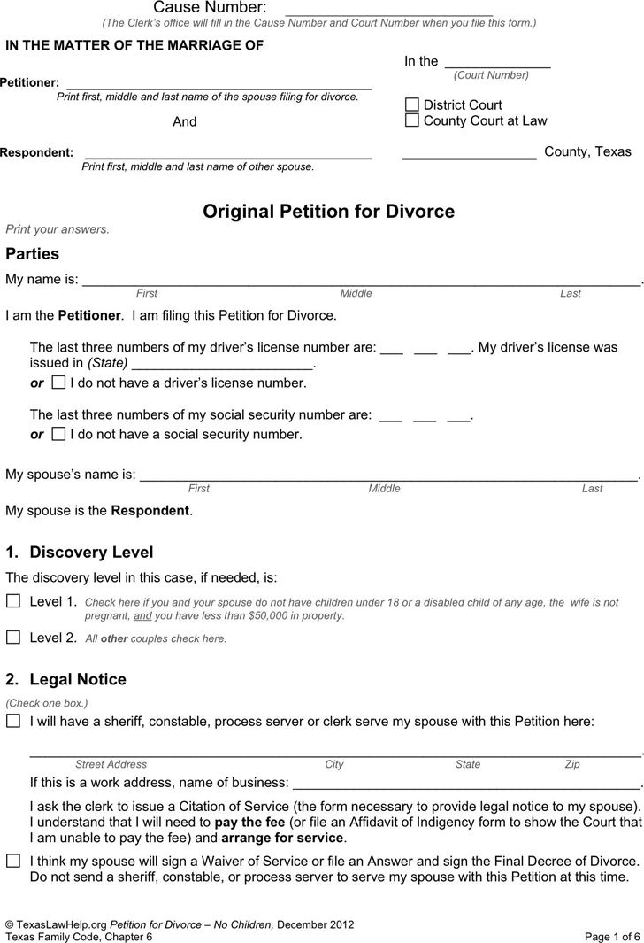 Printable Divorce Petition Form Printable Forms Free Online
