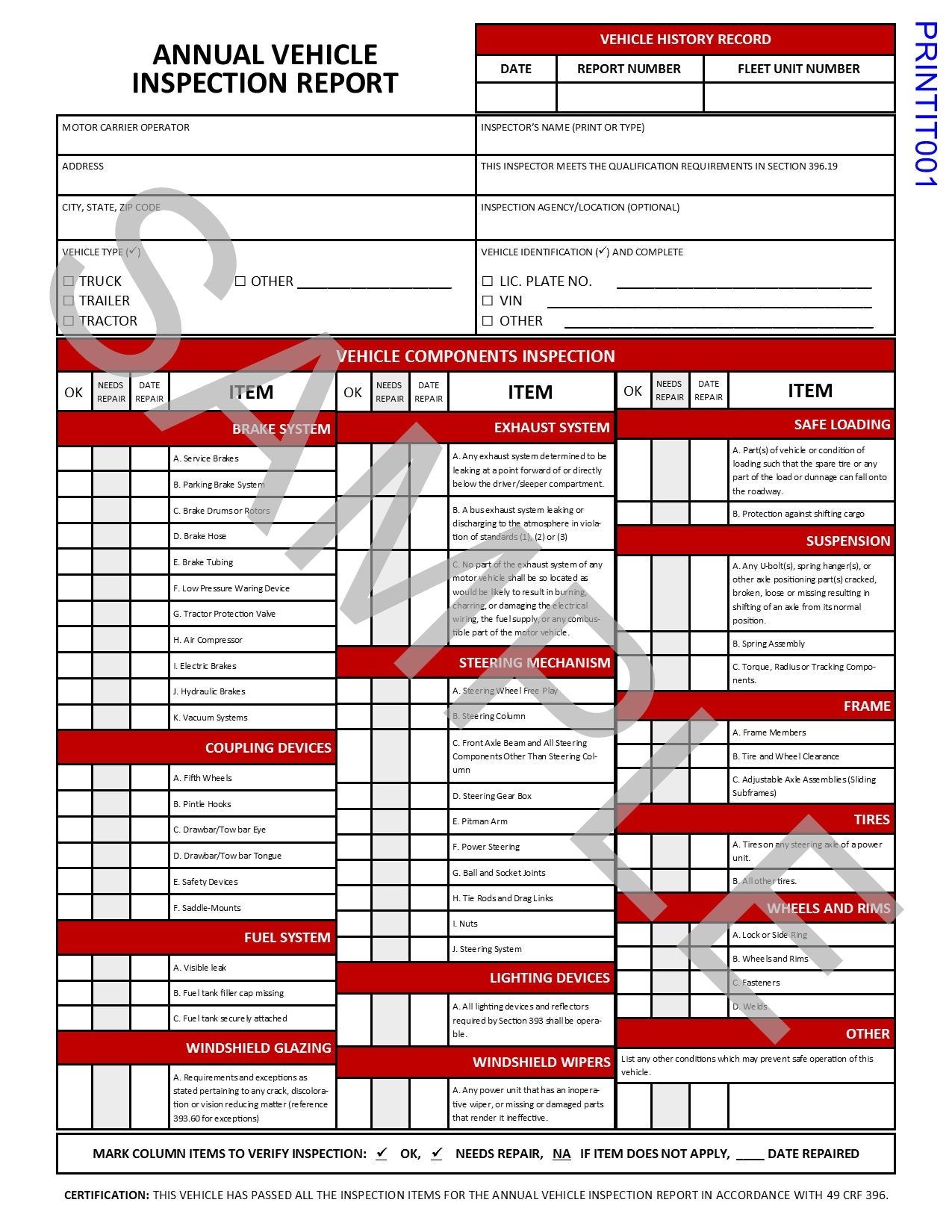 Printable Dot Inspection Form Printable Forms Free Online