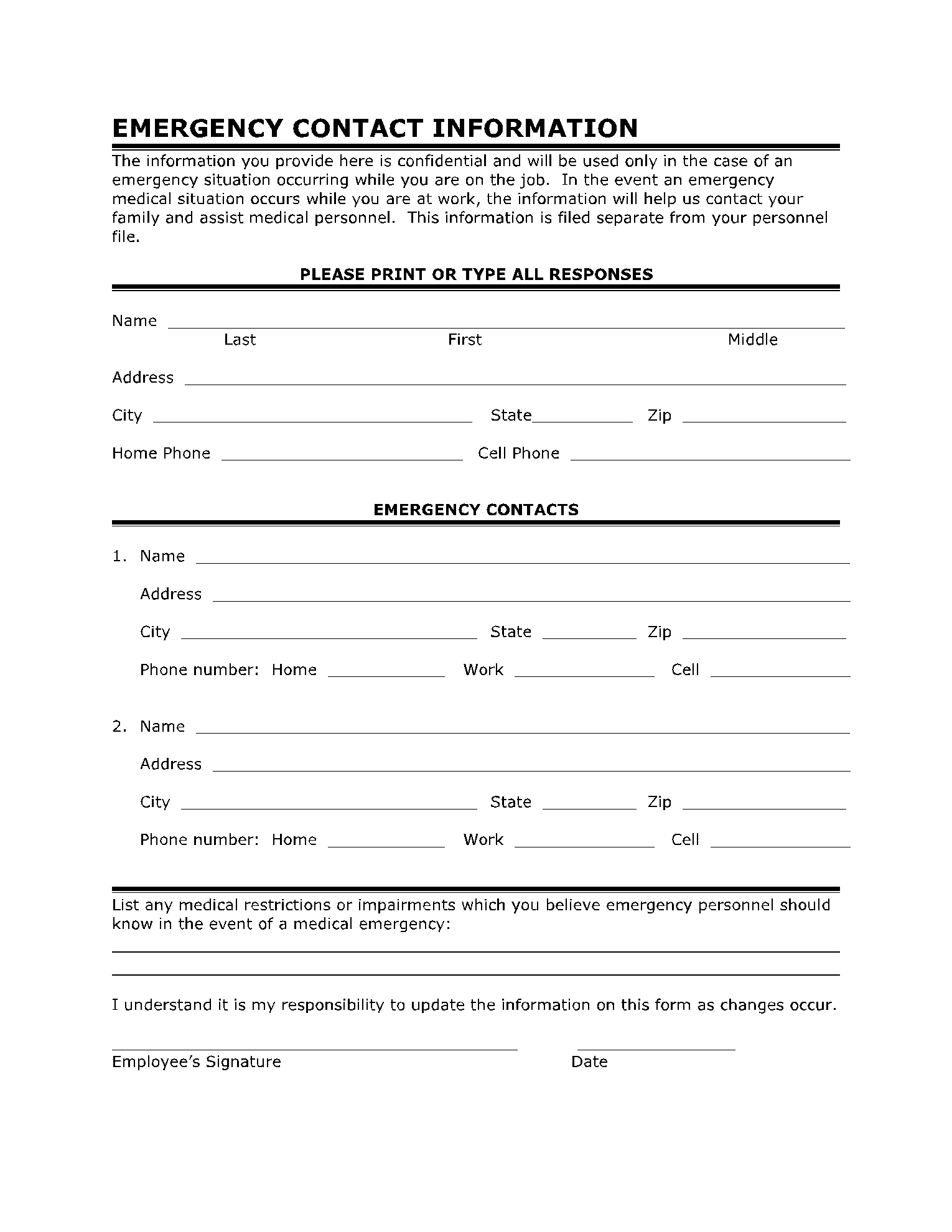 Printable Emergency Contact Form Employee Printable Forms Free Online