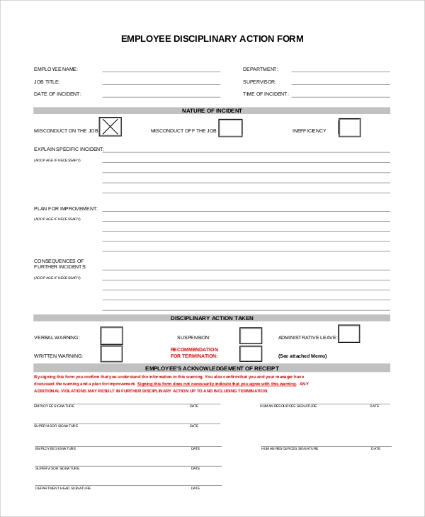 Printable Employee Discipline Disciplinary Action Form Printable 