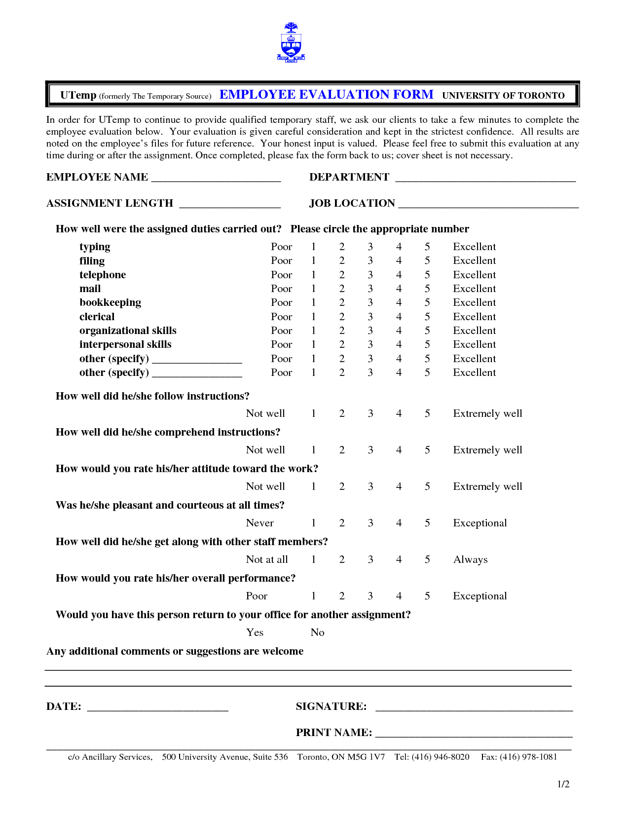Printable Employee Evaluation Form Printable Forms Free Online