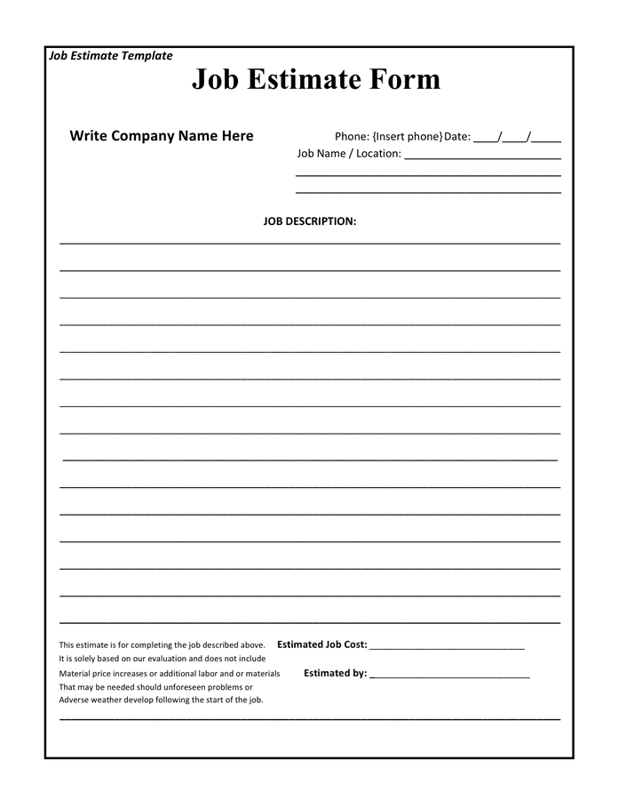 Printable Estimate Forms Free Printable Forms Free Online