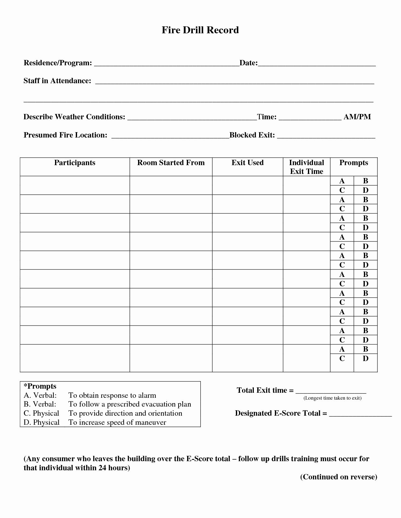 Printable Fire Drill Form Template Social Media Template