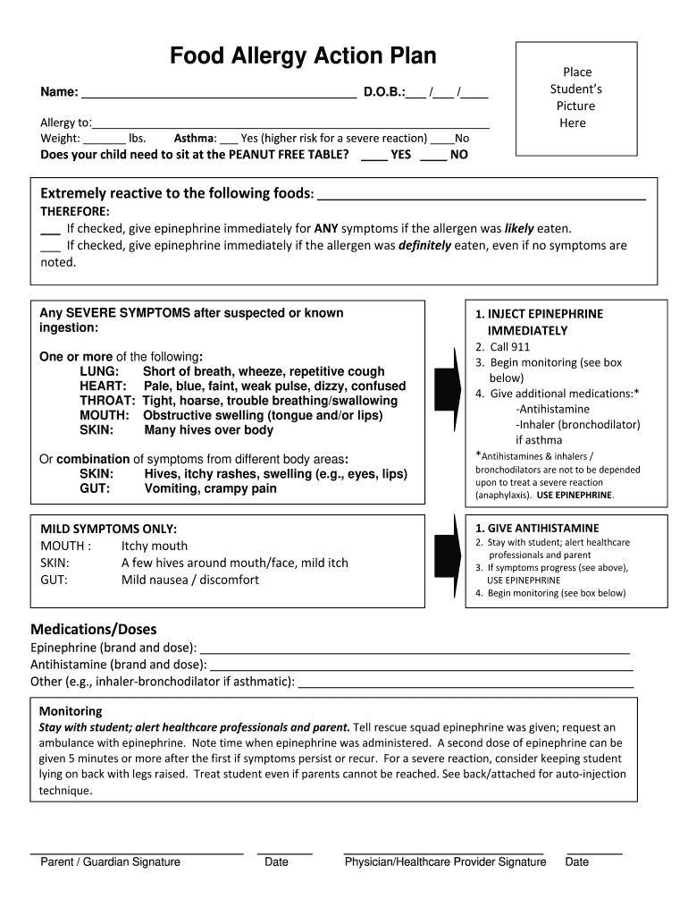 Printable Food Allergy Form Template Free Printable