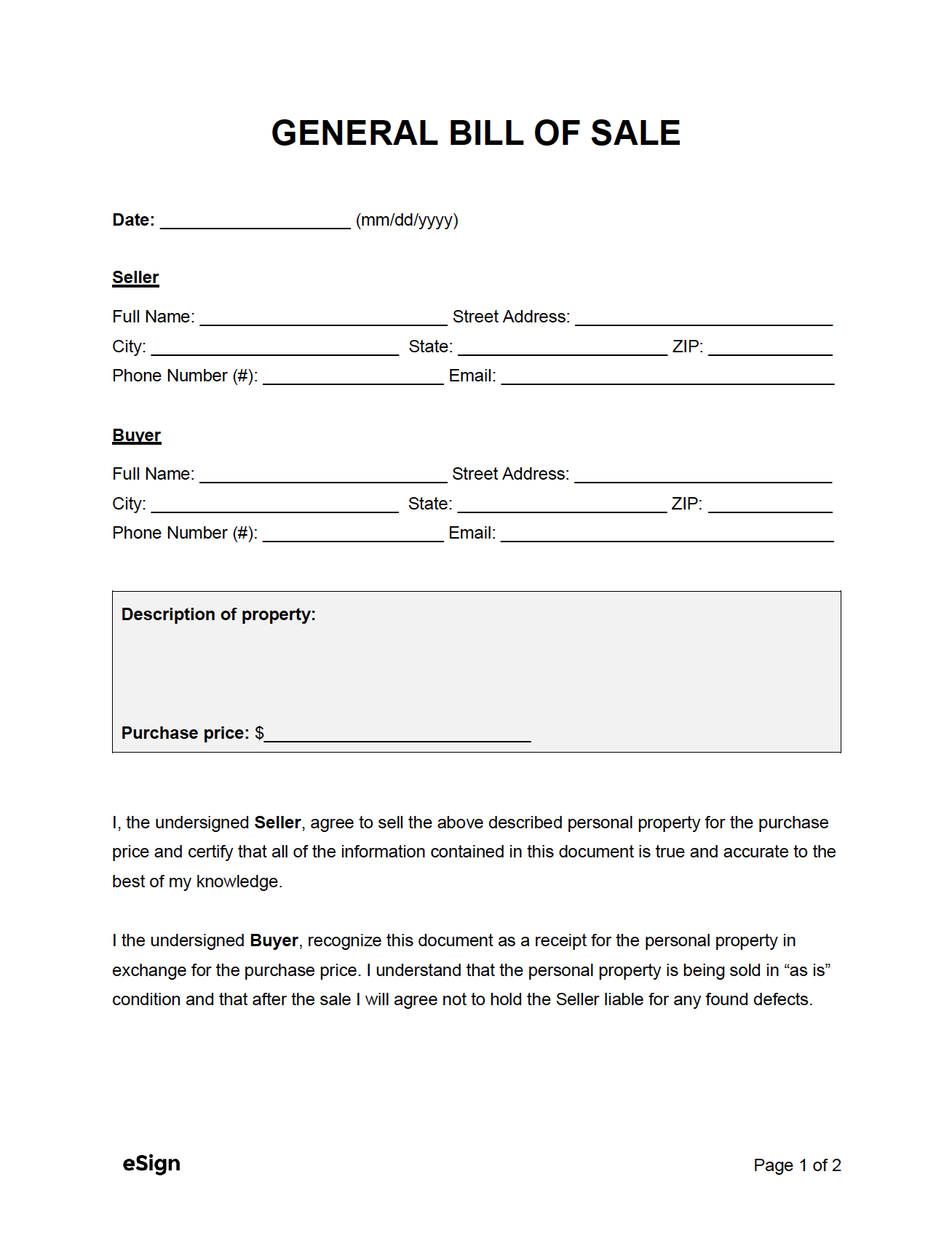 Printable General Bill Of Sale Form Fillable Form 2025