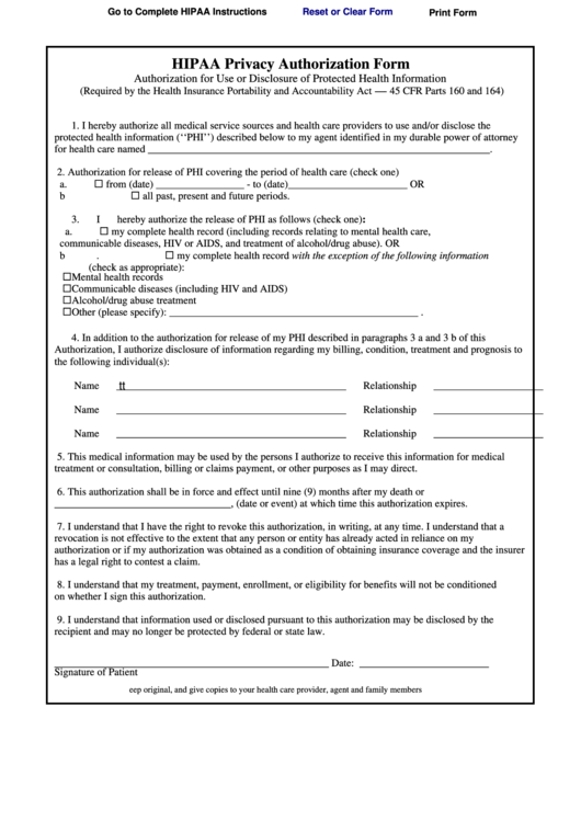 Printable Hipaa Authorization Form Printable Forms Free Online