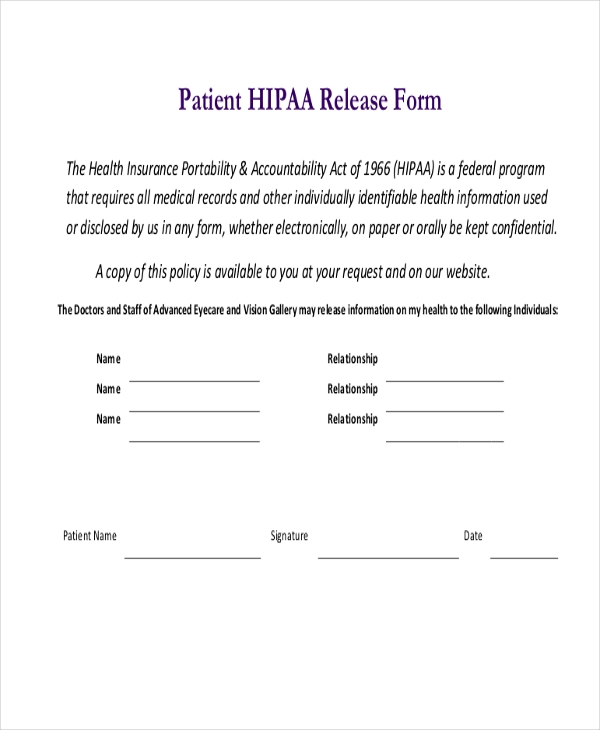 Printable Hipaa Forms For Patients Printable Forms Free Online