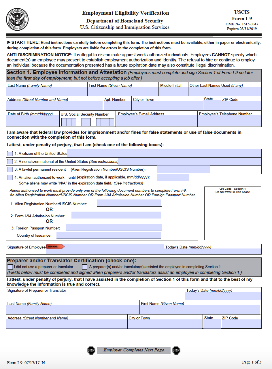 Printable I9 Form Printable Forms Free Online