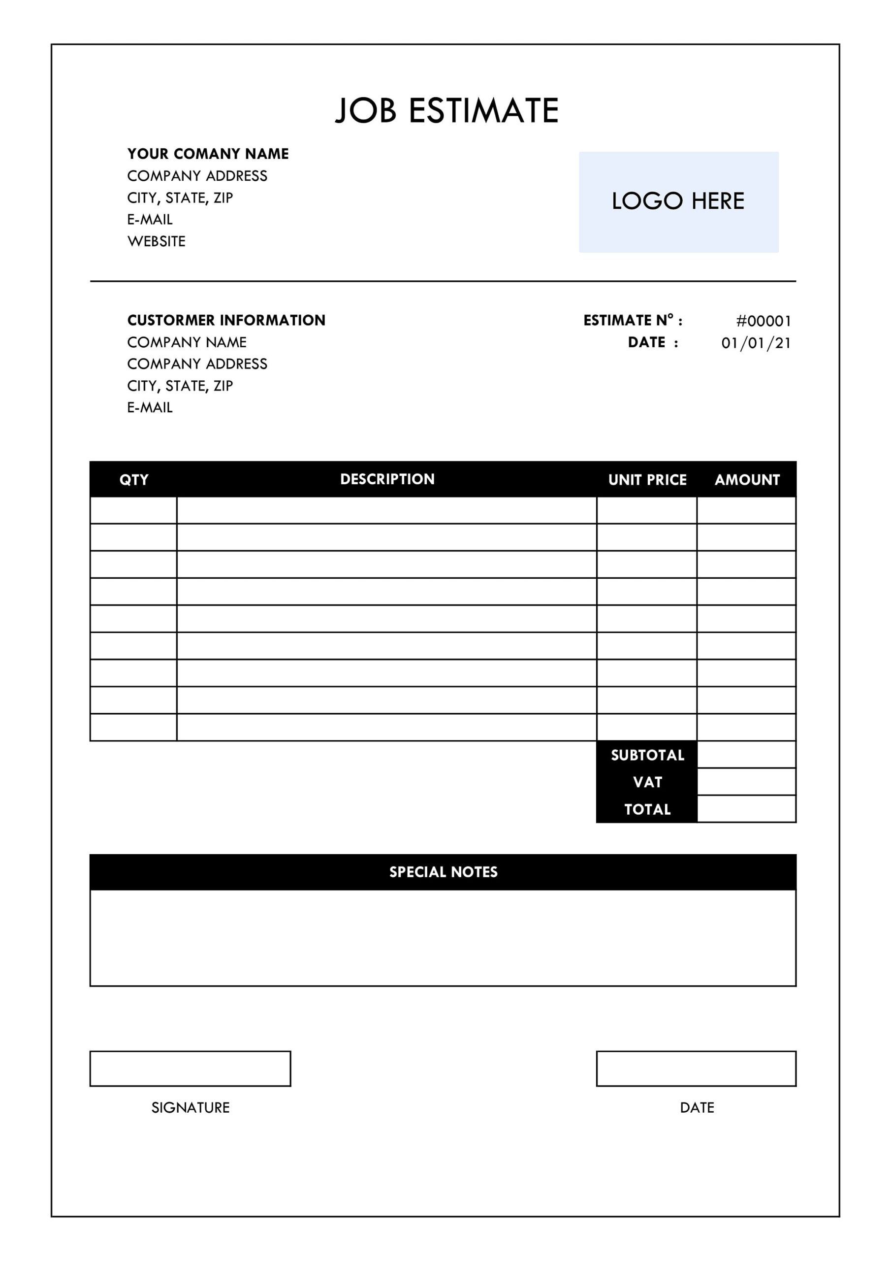 Printable Job Estimate Form Printable Forms Free Online