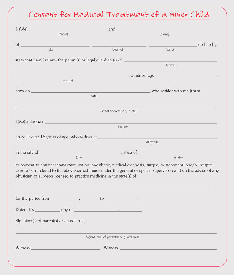 Printable Medical Consent Form For Minor While Parents Are Away