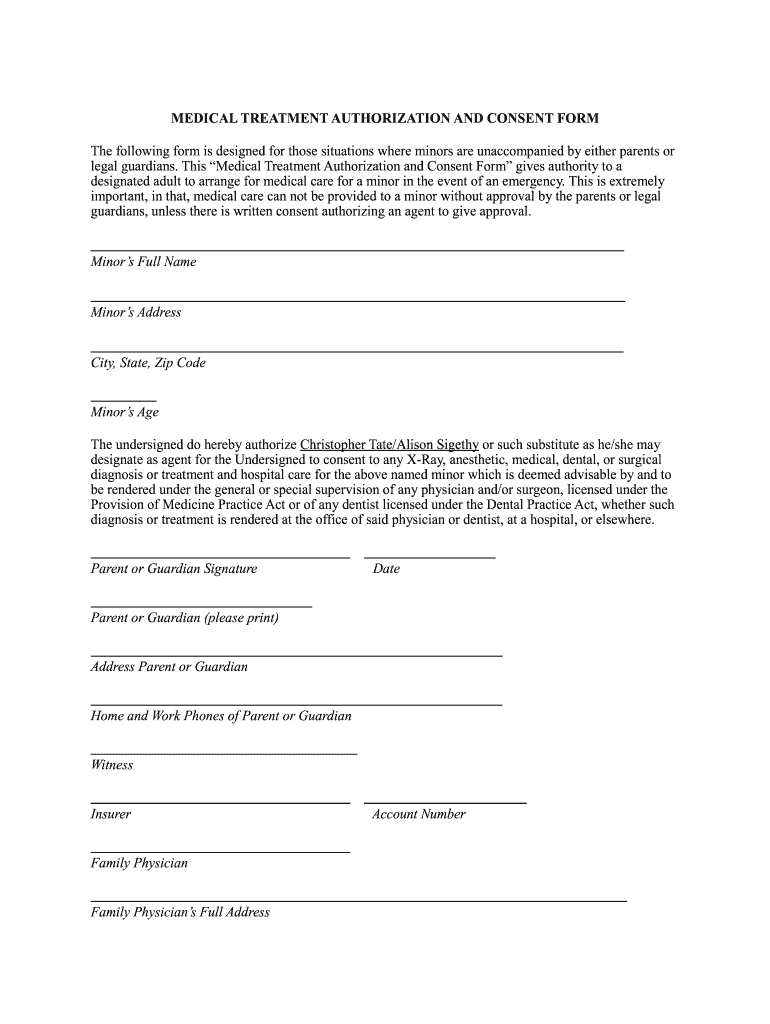 Printable Medical Consent Form For Minor While Parents Are Away Fill 