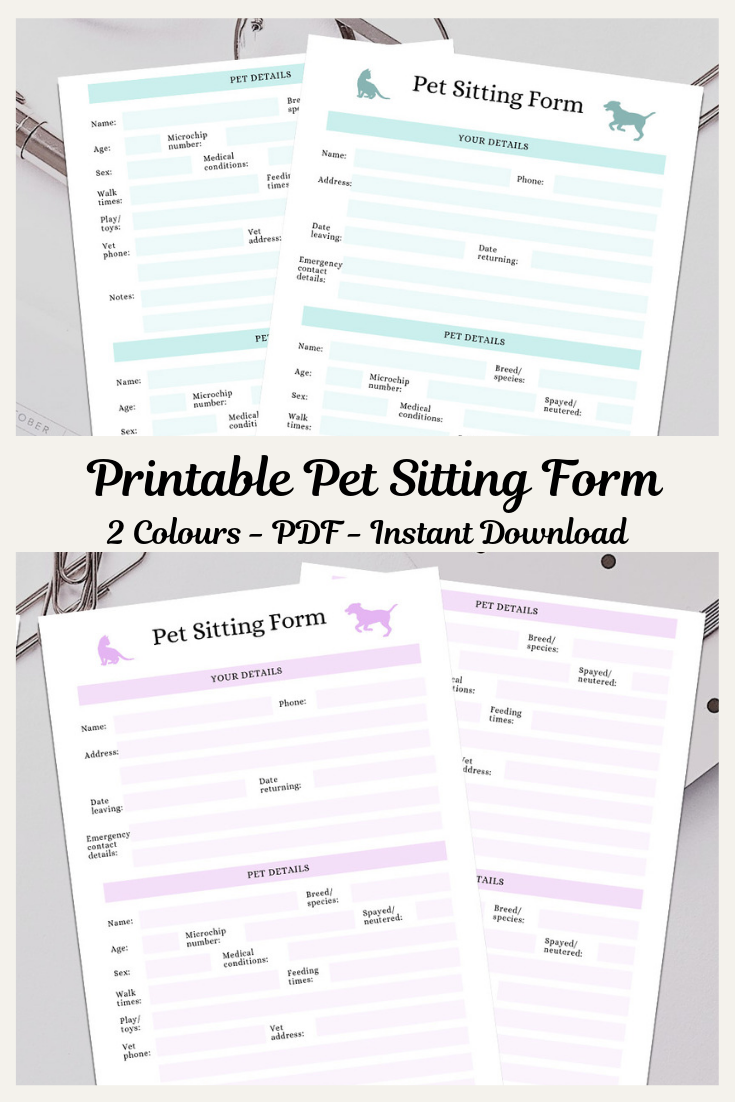 Printable Pet Sitting Form Instant Download Pet Planner Pet Etsy UK 
