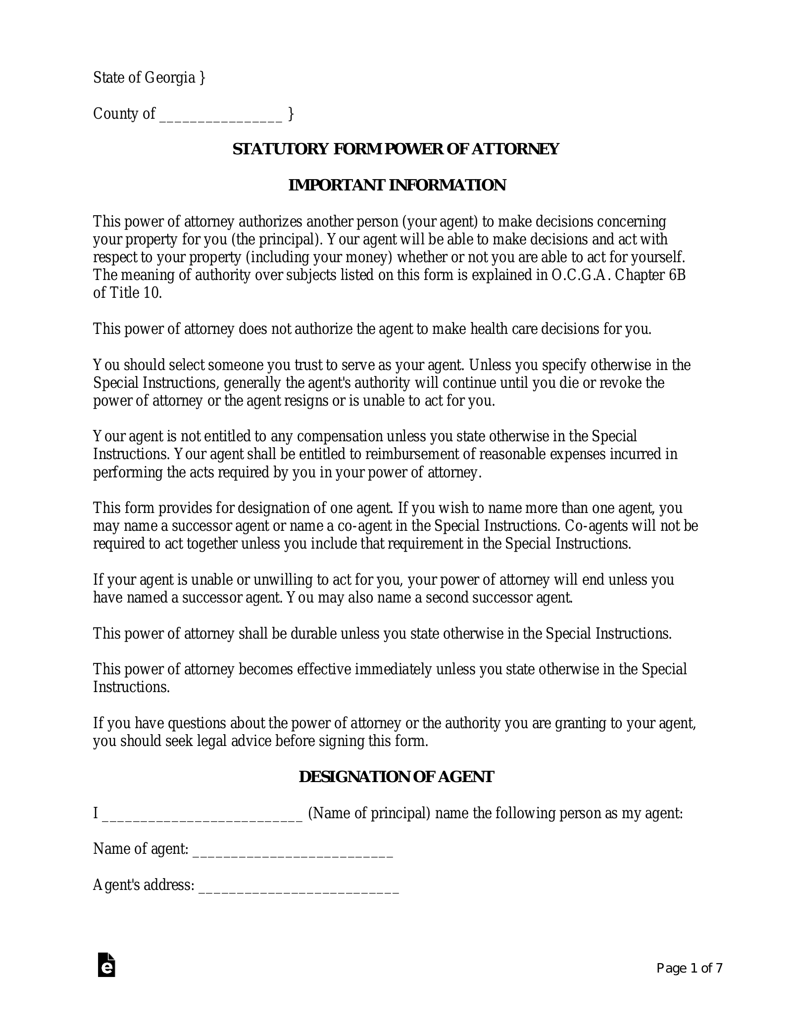 Printable Power Of Attorney Forms For Georgia Printable Forms Free Online