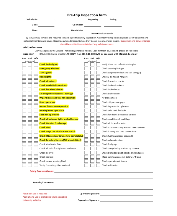 Printable Pre Trip Inspection Form Pdf Printable Word Searches