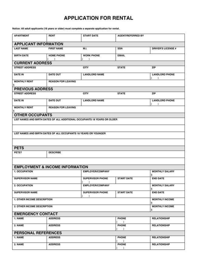 Printable Rental Application Form Template Printable Forms Free Online