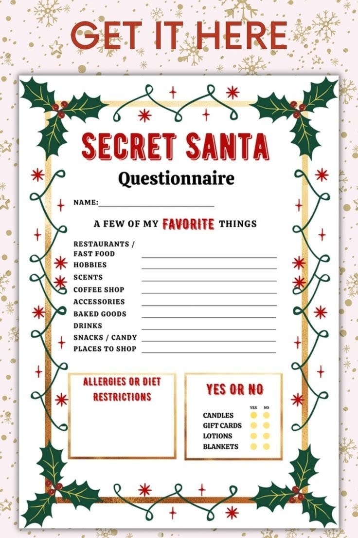 Printable Secret Santa Questionnaire For Christmas Gift Etsy Canada 