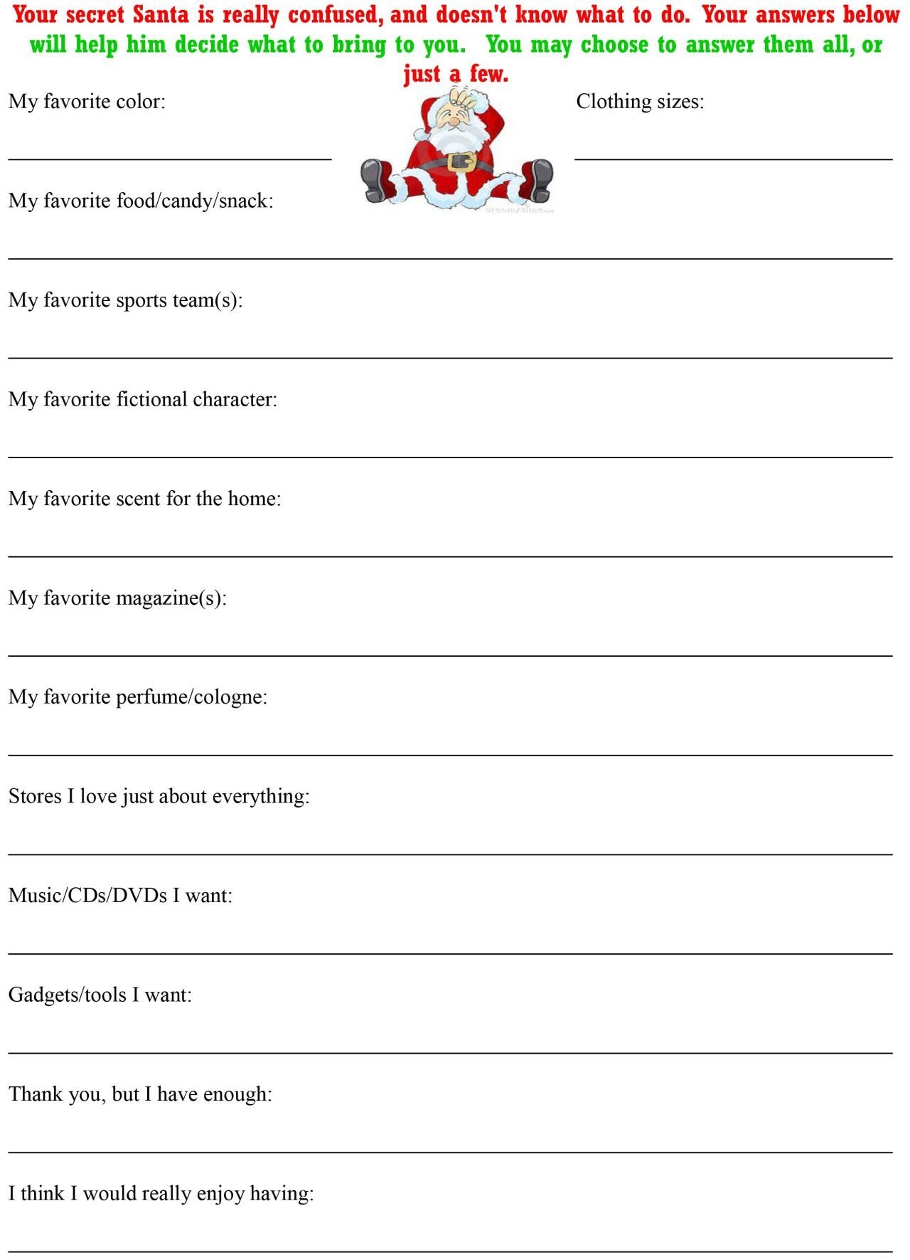 Printable Secret Santa Questionnaire Form Pdf Printable Form 2024