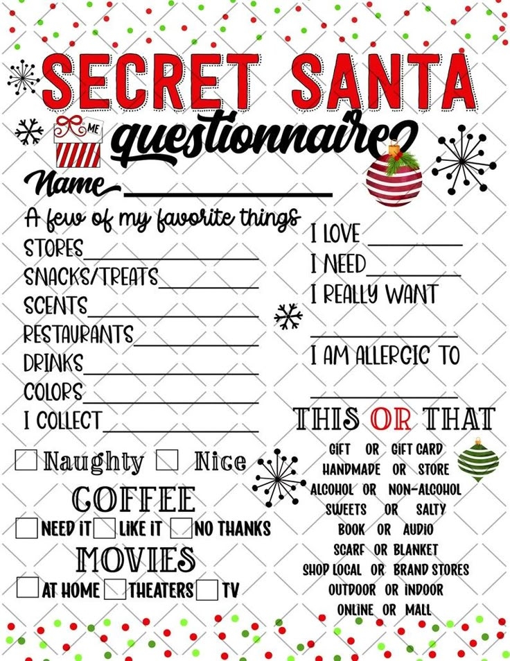 PRINTABLE Secret Santa Questionnaire Printable Shopping List Wish List 