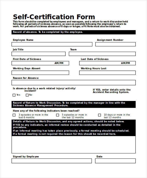 Printable Self Certification Form Printable Form 2024