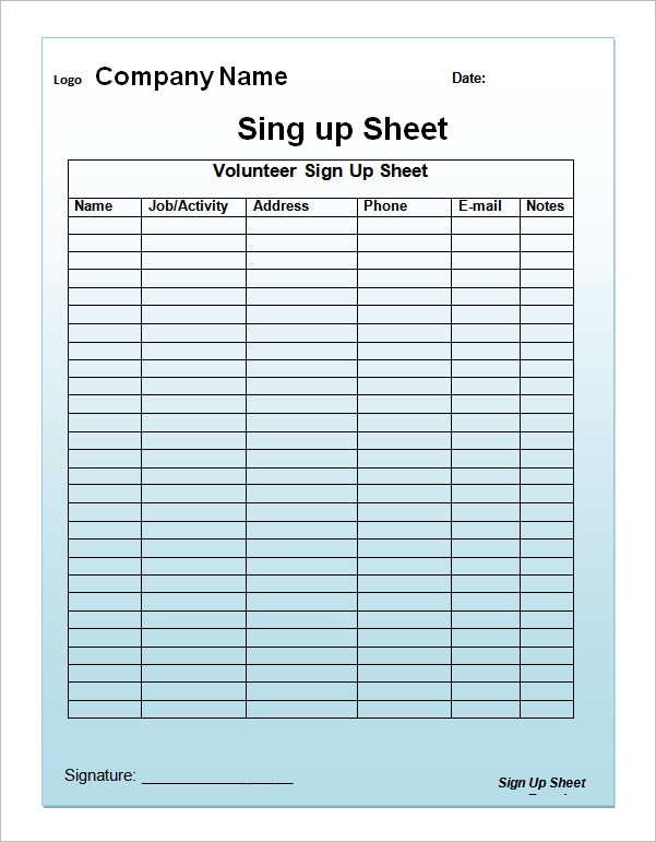 Printable Sign Up Sheet Template Word