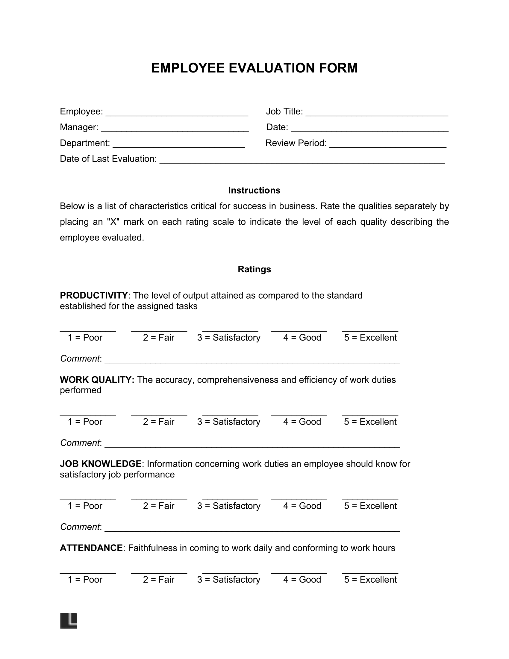 Printable Simple Employee Evaluation Form Printable Forms Free Online