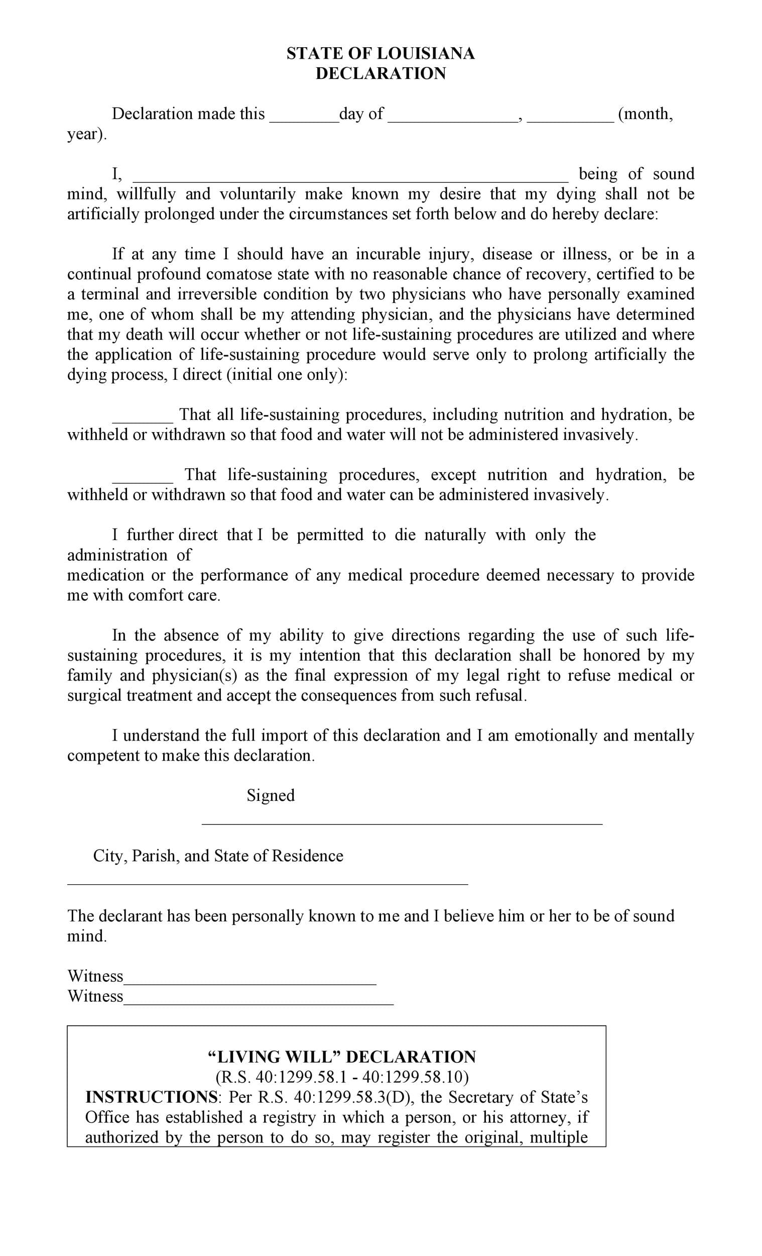 Printable Simple Form Living Will Template Free Download And Print 