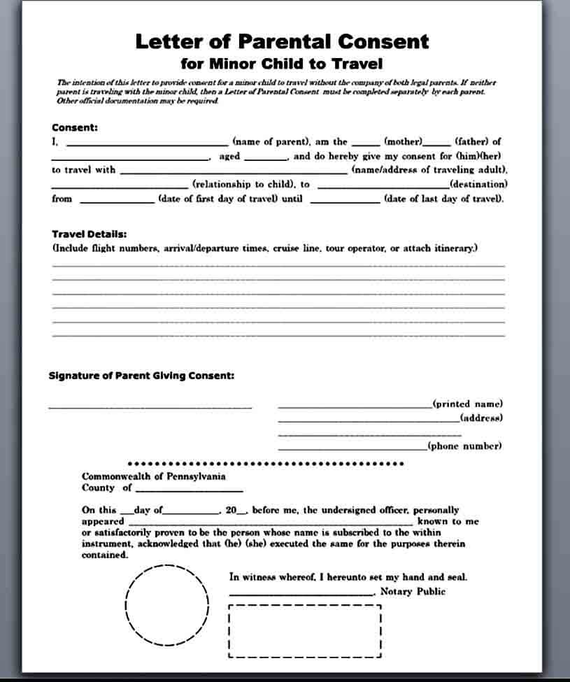 Printable Template Child Travel Consent Form Printable Forms Free Online