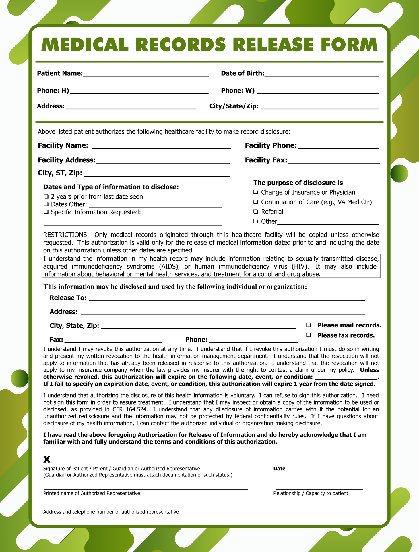 Printable Template Medical Records Release Form Printable Forms Free 