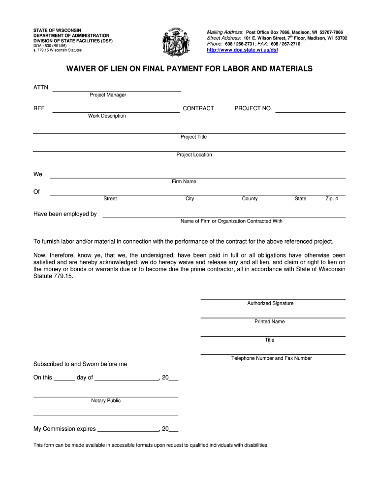 Printable Wisconsin Lien Waiver Form Printable Forms Free Online