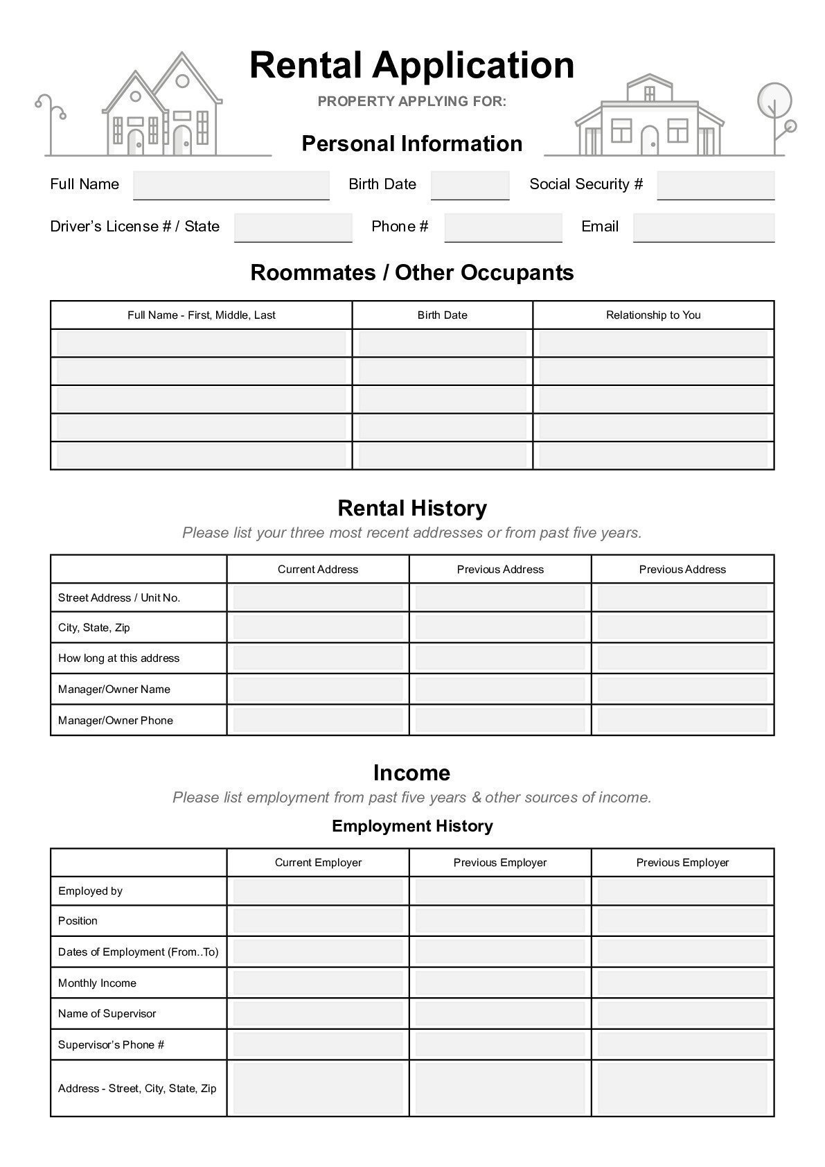 Rental Application Printable Form Printable Forms Free Online