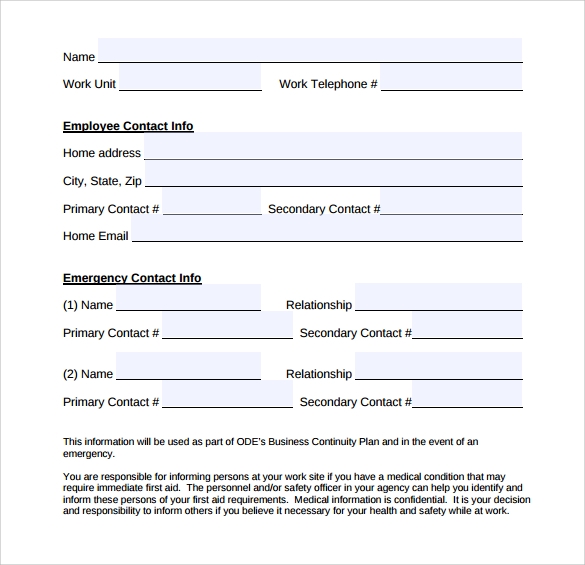 Simple Emergency Contact Form Printable Printable Forms Free Online