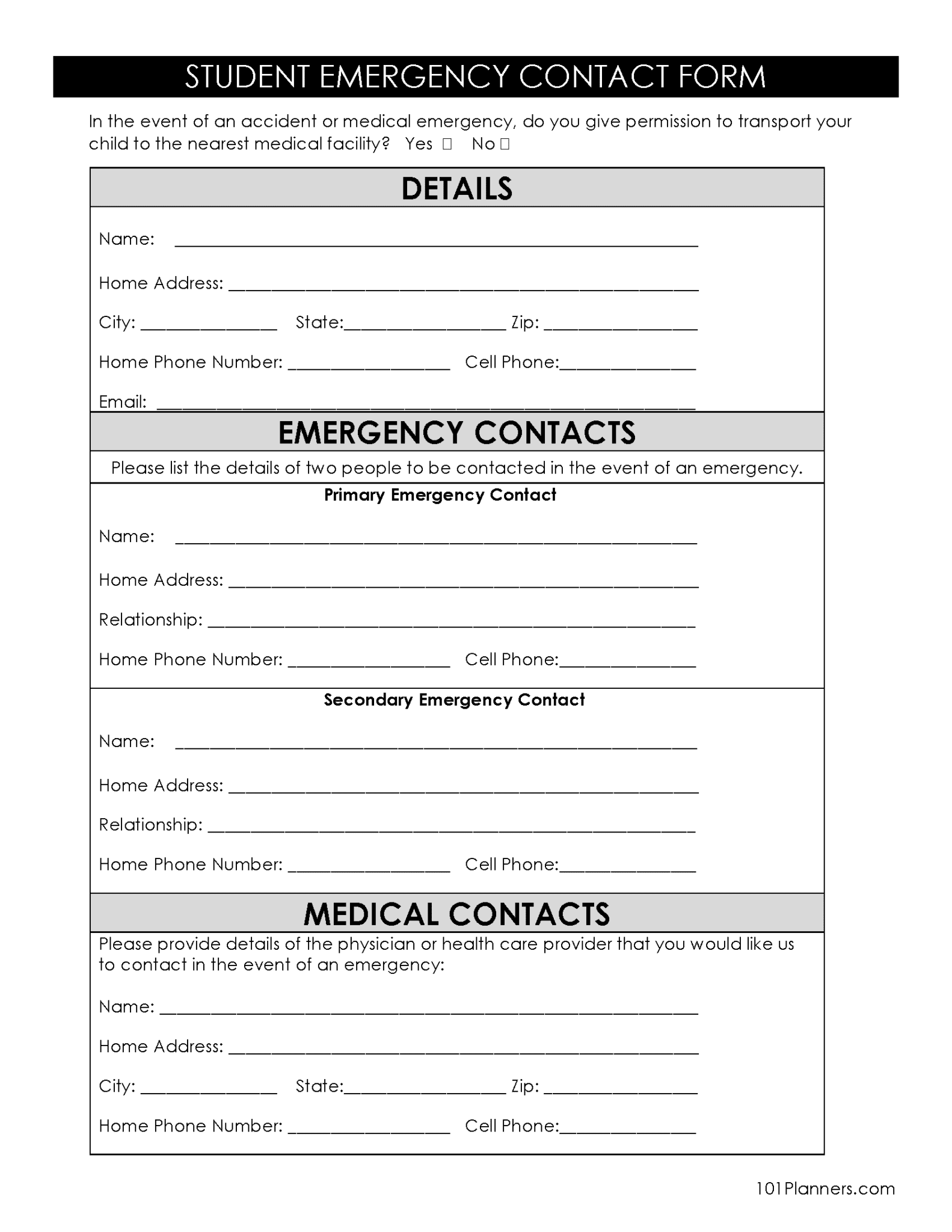 Simple Emergency Contact Printable Form