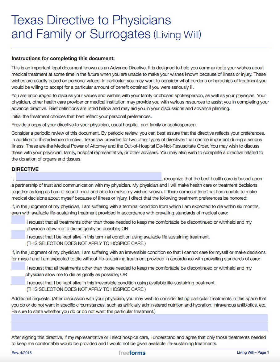 Texas Living Will Form Printable Printable Forms Free Online