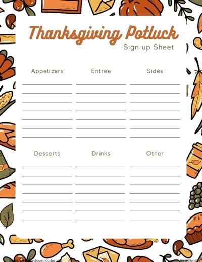 Thanksgiving Potluck Sign Up Sheet Printable Template 54 OFF